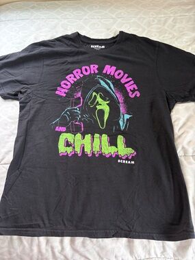 Scream "Horror Movies and Chill" Graphic Tee - Black with Neon Green & Pink
